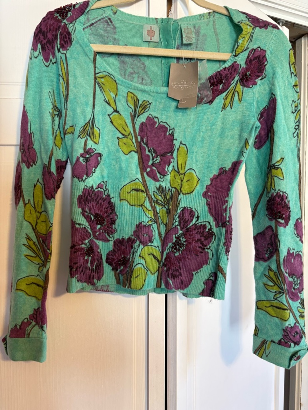 Vintage Anthropologie Green Round Neck Long-Sleeve Purple Floral Print